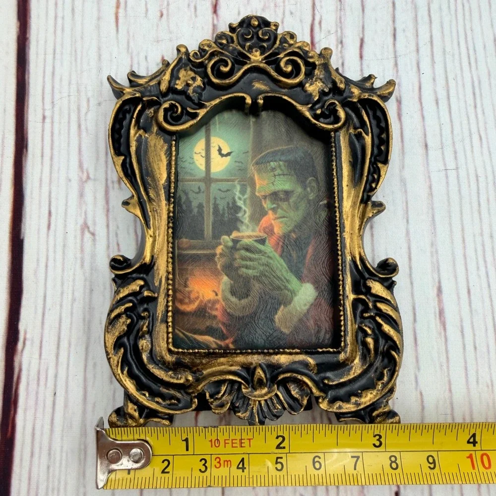 Frankenstein Santa Claus Art Print Gothic Ornate Black Gold Resin Frame 5.25in